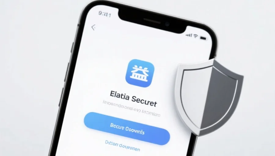 一部现代智能手机屏幕上显示天狮应用的安全下载界面，旁边有安全盾牌图标，背景简洁